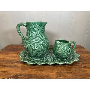 Green Bardello Pinheiro "Rabbit Green" Ceramic Pitcher, Tray, Creamer Portugal E